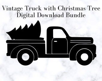 Vintage Truck with Christmas Tree SVG and PNG Cut Files, Digital Download Bundle