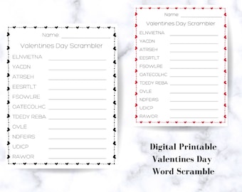 Valentines Day Word Scramble Worksheet with Answer Key, Printable Digital Download