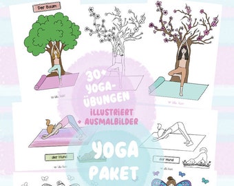 XL Yogapaket, farbig illustrierte Yogaübungen + Ausmalbilder