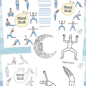 Puede incluir: Una ilustración en blanco y negro de una secuencia de yoga llamada "Mondgruß" (Saludo a la Luna) con instrucciones en alemán. Las posturas incluyen Hocke, Gebetshaltung, Halber Mond, Dreleck y Palme.