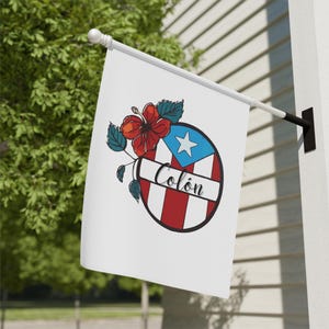 Bandera personalizada con el nombre de la familia puertorriqueña para jardín y casa