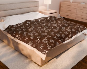 Coperta in velluto di velluto marrone scuro, simboli Taino, coperta tribale etnica, accogliente biancheria da letto dei nativi americani, copriletto in morbido pile