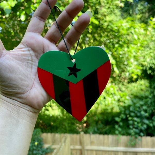 Afro- Boricua Flag Rear View Mirror Charm | Car mirror hanger | Hand painted Rear-View Mirror Flag | Heart Car Charm | Wood Mirror Hanger