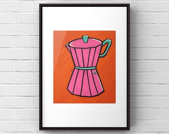 May include: A pink and teal coffee pot with a black outline, painted on an orange background.