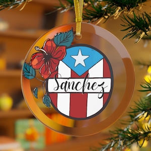 Sanchez Cognome Porto Rico Bandiera Ornamento in Vetro / Bandiera Boricua / Ornamento Natalizio Personalizzato