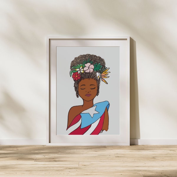 Boricua Girl with Crown of Tropical Flowers | Printable Wall Art in Various Sizes