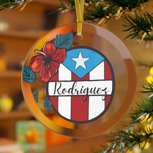 Rodriguez Last Name Puerto Rico Flag Glass Ornament | Christmas Ornament | Navidad Boricua | Tree Ornament