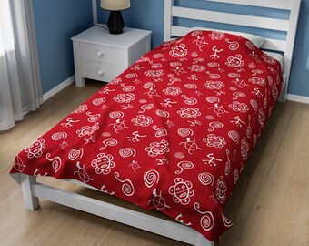 Red and White Blanket Taino Symbols Design Velveteen Plush Blanket | Taino Symbols | Blanket | Gift Ideas |