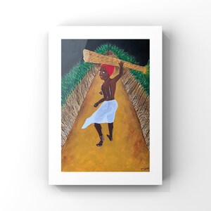 Pu&ograve; includere: Un dipinto di una donna con una gonna bianca e un turbante rosso che porta un fascio di bastoni sulla testa. Sta camminando su un sentiero sterrato fiancheggiato da erba alta. Lo sfondo &egrave; scuro.