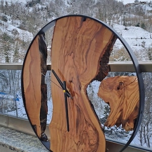 Wooden Wall Art, Big Wood and Metal Wall Clock, Made to Order Metal & Olive Wood Wall Clock, Farmhouse Style Wooden Live Edge Wall Clock