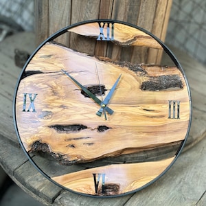 Made to Order Metal & Olive Wood Wall Clock , Big Wood and Metal Wall Clock , Live Edge Rustic Clock , Wooden Wall Art , Unique Home Gift