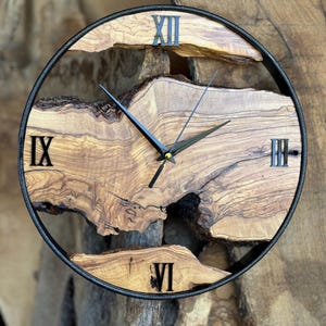 Big Wood and Metal Wall Clock, Made to Order Metal & Olive Wood Wall Clock, Wooden Wall Art, Farmhouse Style, Wooden Live Edge Wall Clock