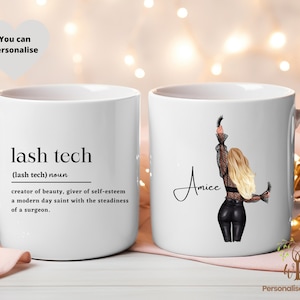 May include: White ceramic mug with a black and white illustration of a woman with long blonde hair. The mug has the text "lash tech (lash tech) noun creator of beauty, giver of self-esteem a modern day saint with the steadiness of a surgeon." and the name "Anice" written in cursive.