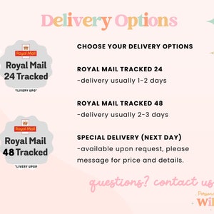 May include: A pink and white graphic with the text "Delivery Options" in a colorful font. The graphic lists Royal Mail 24 Tracked, Royal Mail 48 Tracked, and Special Delivery (Next Day) shipping options with estimated delivery times. The graphic also includes the text "questions? contact us!" and "Personalised by &bull; Willow&bull;".