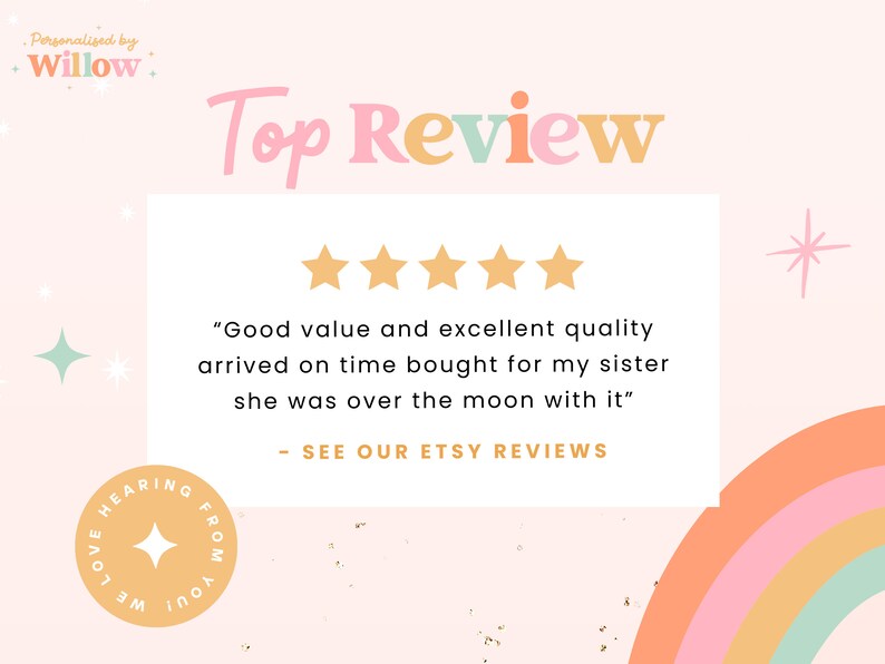 May include: A pink and white graphic with the text "Top Review" in colorful letters. Five gold stars are displayed below the text. A customer review is quoted in a white box: "Good value and excellent quality arrived on time bought for my sister she was over the moon with it." The text "SEE OUR ETSY REVIEWS" is below the quote.