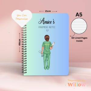 May include: An A5 spiral bound notebook with a personalised name, "Amice's", and the text "Paramedic Notes". The cover features a cartoon illustration of a female paramedic in green scrubs with a stethoscope and a clipboard. The notebook has 60 lined pages.