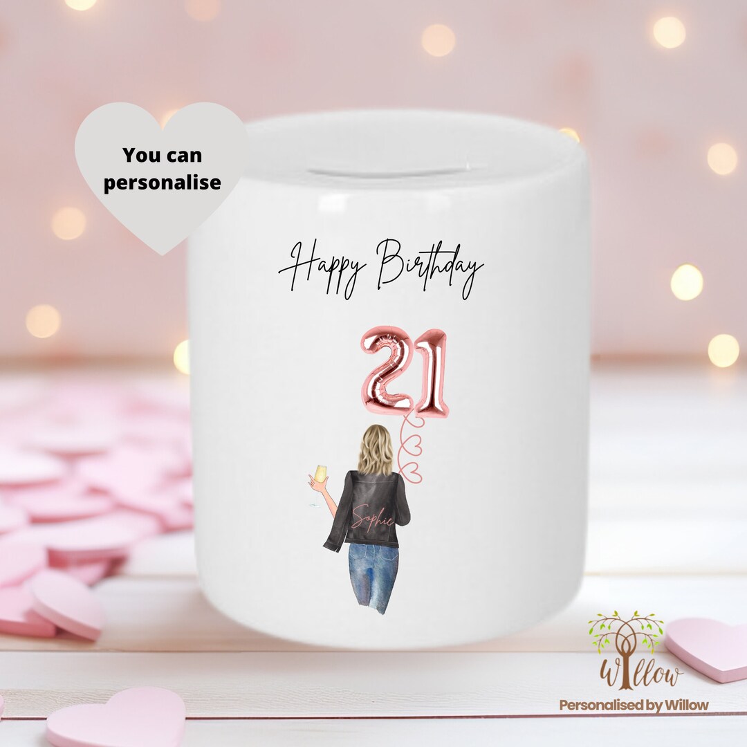 Personalised 21st Birthday Tip Jar, Happy Birthday Piggy Bank