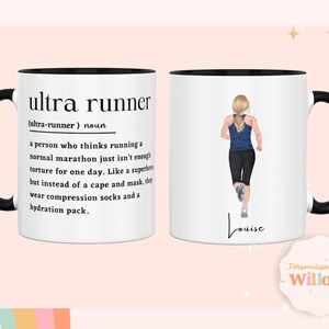 May include: White ceramic mug with a black rim and handle. The mug features a black and white graphic with the definition of "ultra runner" and the name "Louise".
