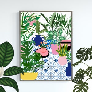Living Room Wall Art Print |Greek Tile Botanical House Plants Art Print | Indoor Print | Hanging Macrame Eclectic Gallery Illustration Decor