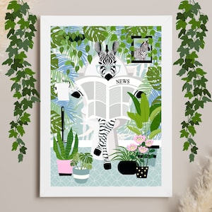Zebra on Toilet Bathroom Print, Animal on Toilet Funny Bathroom Wall Art, Tropical Boho Bathroom Jungle Art Decor, Green Bathroom Toilet Art