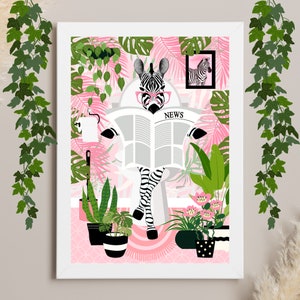 Zebra on Toilet Bathroom Print, Animal on Toilet Funny Bathroom Wall Art, Tropical Boho Bathroom Jungle Art Decor, Green Bathroom Toilet Art