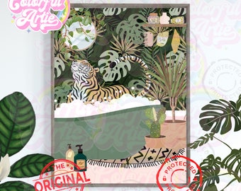 Tiger in Bath Botanical Animal Print, Maximalist Animal in Bathtub Wall Art, Tropical Bathroom Print 5x7, A5, A4, A3,