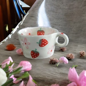 Cute Mug Strawberry Mug Handmade Ceramic Mug, Hand painted Mug Flower Coffee Mug, Birthday Gift for Her, Graduation Gift for Best Friend