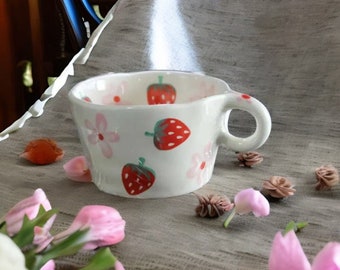 Cute Mug Strawberry Mug Handmade Ceramic Mug, Hand painted Mug Flower Coffee Mug, Birthday Gift for Her, Graduation Gift for Best Friend