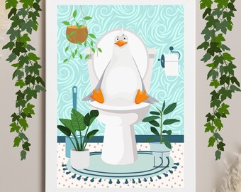 Seagull on the toilet. Animal Print. Blue Bathroom Print. Funny Bathroom Print. Seagull in the Bathroom.