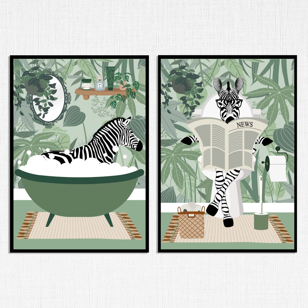 Set of 2 Green Bathroom Prints,zebra in the Bath Zebra on the Toilet