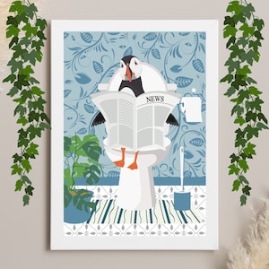 Puffin on the toilet. Animal on Toilet. Blue Bathroom Print. Funny Bathroom Print. Puffin in the Bathroom. Puffin On The Loo. Puffin Art.