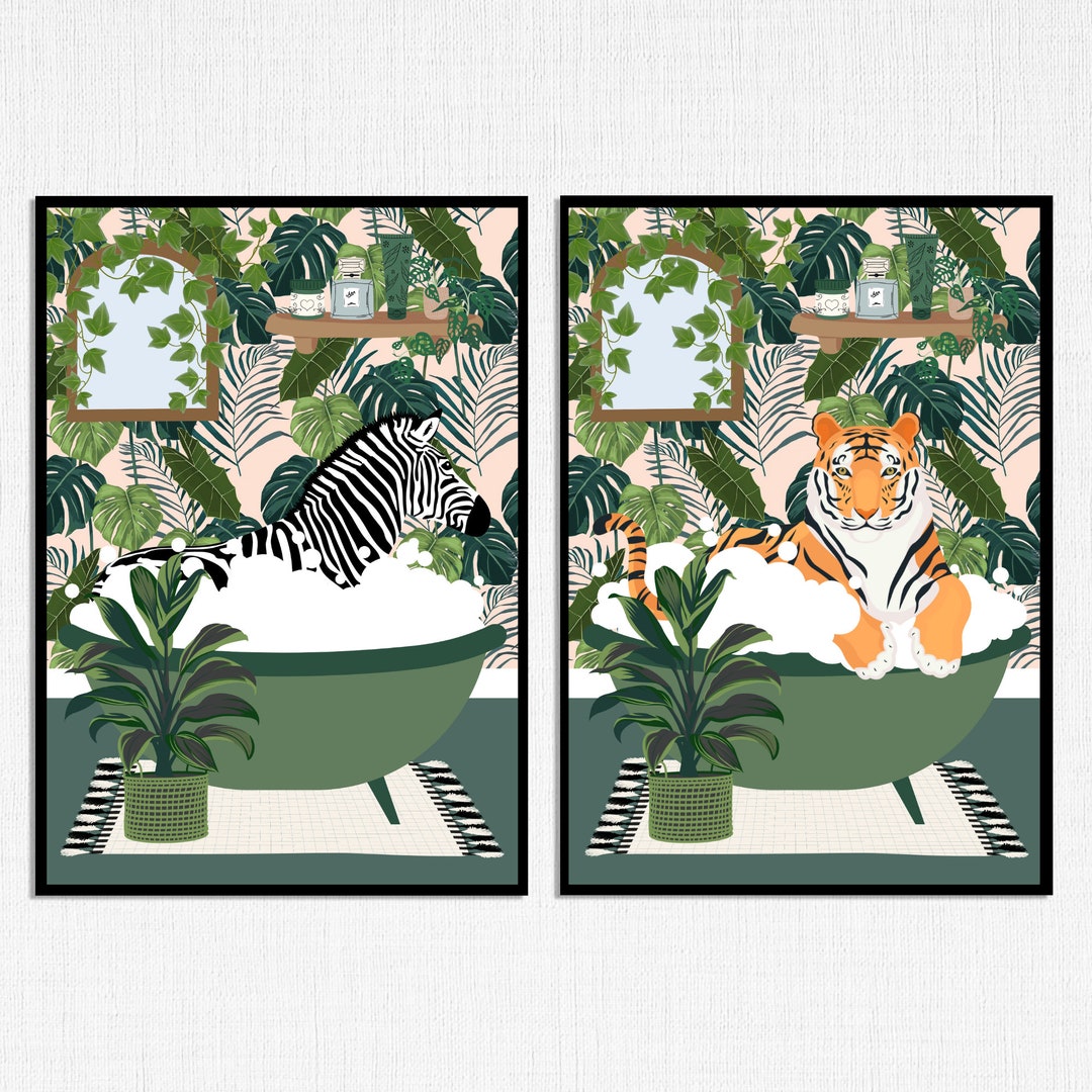 Set Of 2 Green Bathroom Prints, Set of Two Safari Bathroom Prints