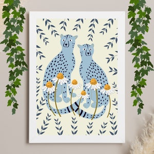 Chitas azuis e camomila dourada decoração de casa decoração de parede de animais arte de quarto chitas impressão de arte de parede azul, decoração de sala de estar de vida selvagem,