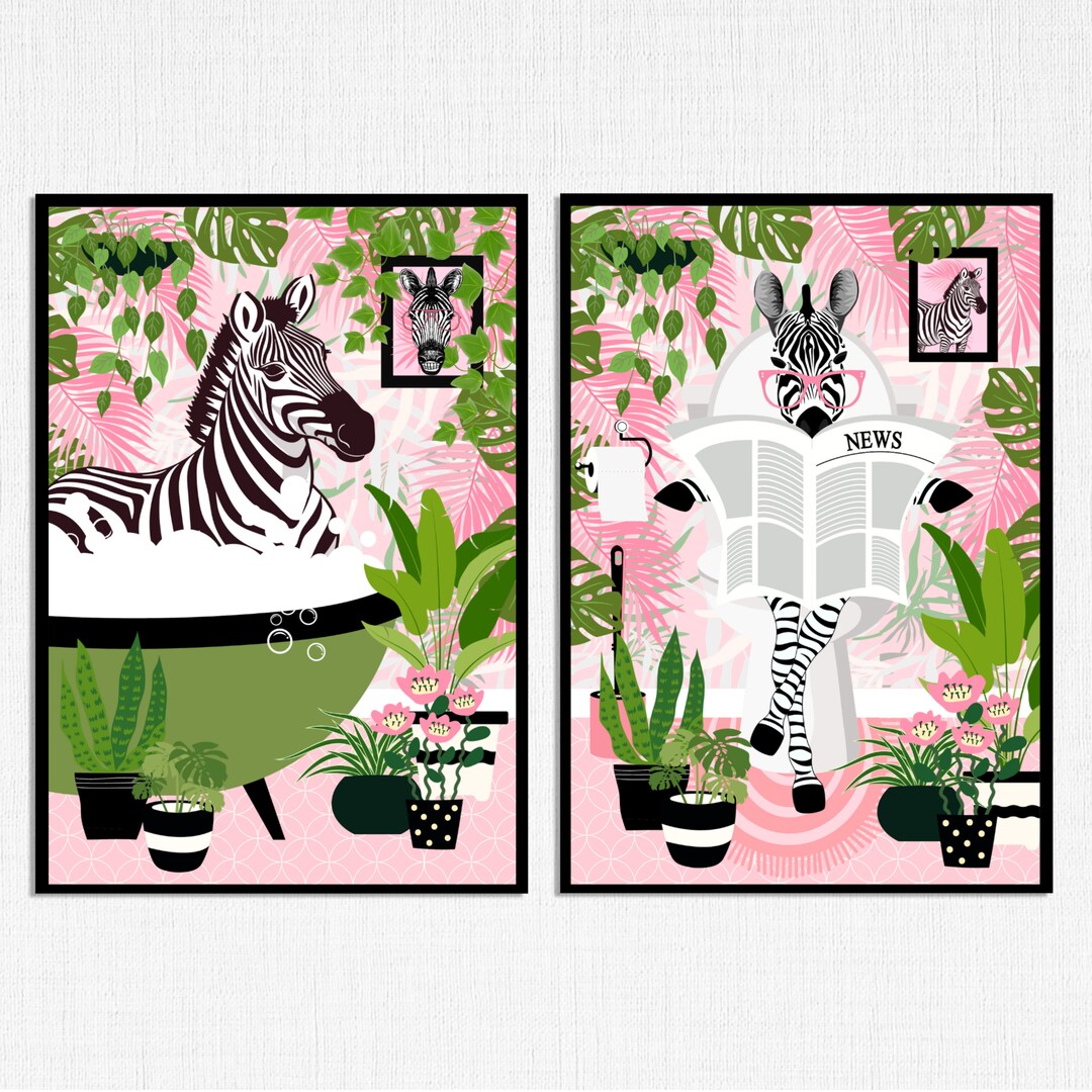 Set of 2 Green Bathroom Prints,zebra in the Bath Zebra on the Toilet ...