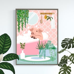 Piggy in Bathtub,Pink Pig Animal Print, Unframed A6 A5 A4 A3 A2 A1, Wall Art, Funny Bathroom Print, Eclectic Animal Art