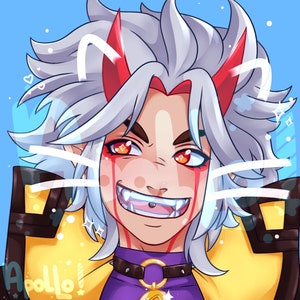May include: Digital art portrait of a character with white hair, red horns, and red eyes. The character has a piercing and a fang-filled grin. They wear a purple shirt, a brown collar with a gold pendant, and a yellow jacket. The background is light blue.