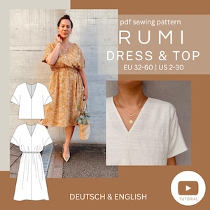 May include: A sewing pattern for a dress and top called "Rumi" in sizes EU 32-60 and US 2-30. The pattern includes instructions in both German and English. The image shows a woman wearing a dress made from the pattern, as well as a close-up of the neckline of the top.