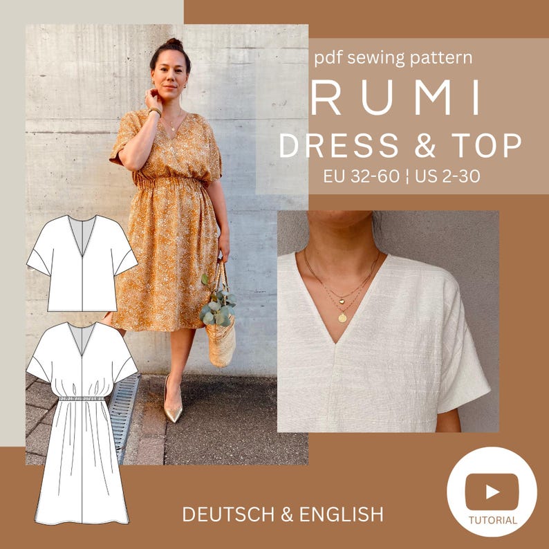 May include: A sewing pattern for a dress and top called "Rumi" in sizes EU 32-60 and US 2-30. The pattern includes instructions in both German and English. The image shows a woman wearing a dress made from the pattern, as well as a close-up of the neckline of the top.