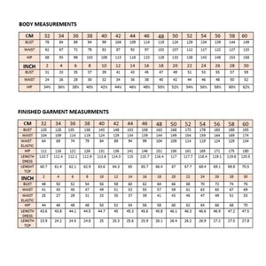 May include: A chart showing body measurements in inches and centimetres for sizes 32 to 60. The chart includes bust, waist, hip, dress length, and top length measurements.