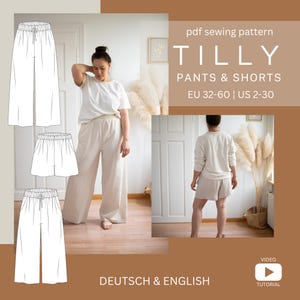 Puede incluir: Un patrón de costura "Tilly Pants & Shorts" con ilustraciones de las prendas. El patrón incluye tallas EU 32-60 y US 2-30. La imagen también muestra a una mujer usando los pantalones y shorts.