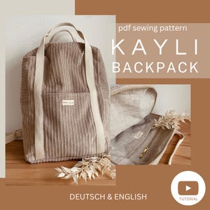 Könnte beinhalten: Ein beigefarbener Cordrucksack mit einer Reißverschlusstasche auf der Vorderseite. Der Rucksack ist aus einem weichen, strukturierten Stoff gefertigt und hat ein schlichtes, minimalistisches Design. Der Text "KAYLI BACKPACK" ist in Schwarz auf braunem Hintergrund geschrieben.
