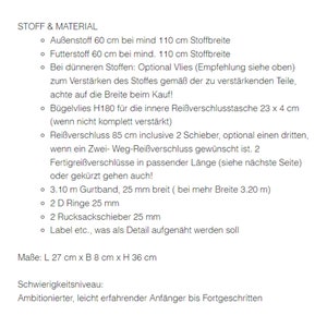 K&ouml;nnte beinhalten: Eine Liste von Materialien und Anweisungen zum N&auml;hen einer Tasche. Die Liste enth&auml;lt Stoffarten, Ma&szlig;e und Beschl&auml;ge. Der Text besagt, dass das Projekt f&uuml;r einen ambitionierten Anf&auml;nger bis hin zu einem erfahrenen N&auml;her geeignet ist.