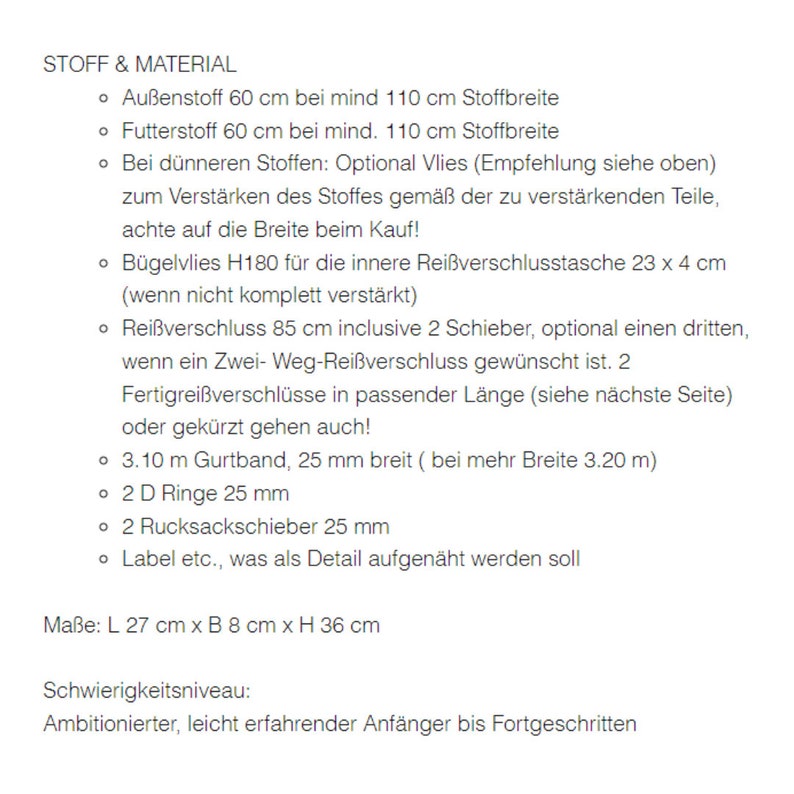 K&ouml;nnte beinhalten: Eine Liste von Materialien und Anweisungen zum N&auml;hen einer Tasche. Die Liste enth&auml;lt Stoffarten, Ma&szlig;e und Beschl&auml;ge. Der Text besagt, dass das Projekt f&uuml;r einen ambitionierten Anf&auml;nger bis hin zu einem erfahrenen N&auml;her geeignet ist.