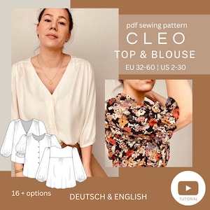 Puede incluir: Imagen de una mujer con una blusa color crema con cuello en V y cierre de botones. La imagen también muestra una blusa con estampado floral y dibujos lineales de patrones de blusas. El texto en la imagen dice "CLEO TOP & BLOUSE EU 32-60 | US 2-30".