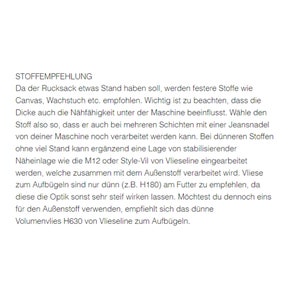 K&ouml;nnte beinhalten: Text auf wei&szlig;em Hintergrund, der erkl&auml;rt, wie man den richtigen Stoff f&uuml;r einen Rucksack w&auml;hlt. Der Text erw&auml;hnt die Verwendung von schwereren Stoffen wie Canvas oder Wachstuch f&uuml;r die Struktur und erw&auml;hnt die Verwendung von Einlage, um leichteren Stoffen Stabilit&auml;t zu verleihen.