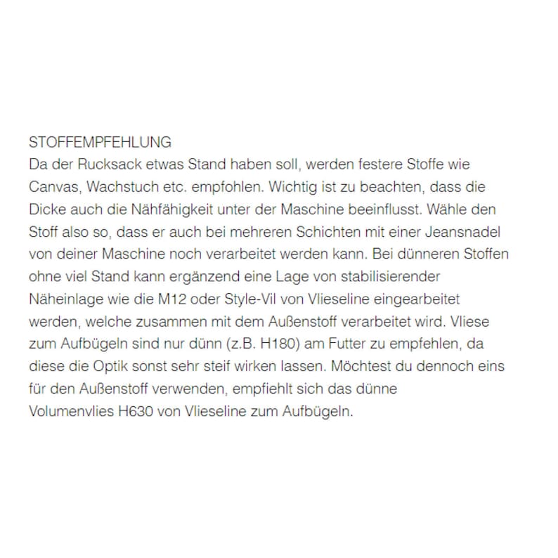 K&ouml;nnte beinhalten: Text auf wei&szlig;em Hintergrund, der erkl&auml;rt, wie man den richtigen Stoff f&uuml;r einen Rucksack w&auml;hlt. Der Text erw&auml;hnt die Verwendung von schwereren Stoffen wie Canvas oder Wachstuch f&uuml;r die Struktur und erw&auml;hnt die Verwendung von Einlage, um leichteren Stoffen Stabilit&auml;t zu verleihen.