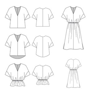 May include: Line drawing of six different clothing designs. Three are short-sleeved tops with a V-neck and three are dresses with a V-neck. Two of the tops and two of the dresses have a gathered waistline.