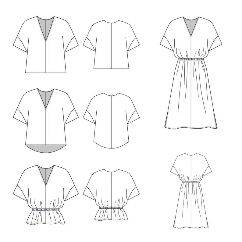 May include: Line drawing of six different clothing designs. Three are short-sleeved tops with a V-neck and three are dresses with a V-neck. Two of the tops and two of the dresses have a gathered waistline.