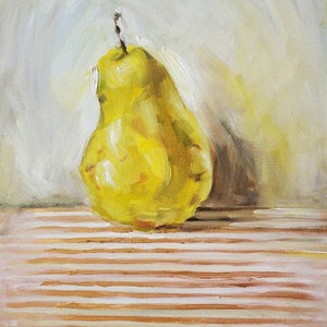Peer schilderij, Peer stilleven, stilleven met peer, peer liefhebbers, fruit schilderij, gouden strepen, origineel olieverfschilderij