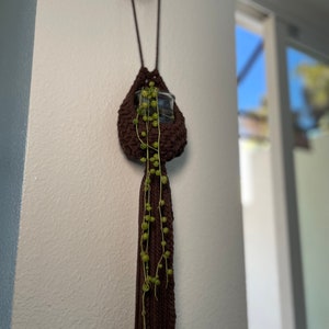Puede incluir: Un macetero de macramé marrón con una pequeña maceta de vidrio y una planta verde colgante.